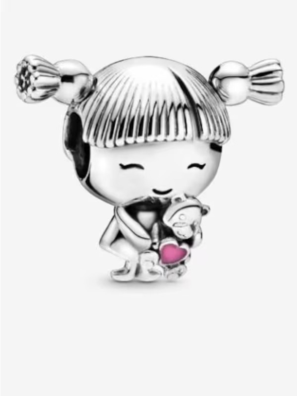 Pandora Sterling Silver Little Girl Pig Tails Charms with Pink Enamel Heart